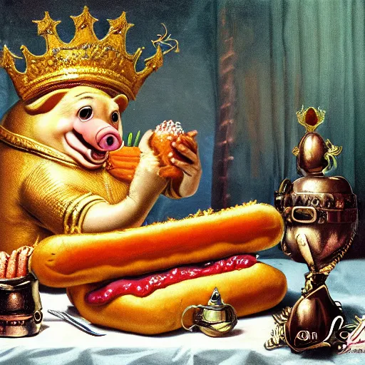 Image similar to pig wearing gold crown eating hot dog, Realistic, Regal, Refined, Detailed Digital Art, Michael Cheval, Walt Disney (1937), François Boucher, Oil Painting, Steampunk, Highly Detailed, Cinematic Lighting, Unreal Engine, 8k