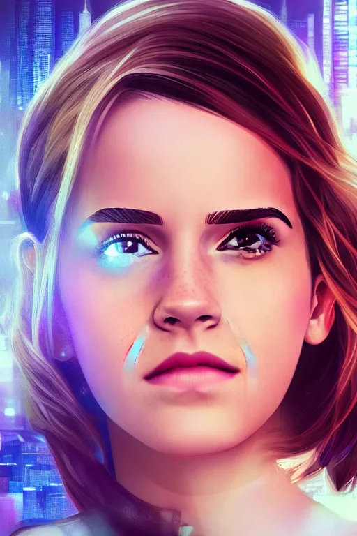 Image similar to Emma Watson, head and shoulders portrait, the background is a huge futuristic city, cyberpunk style futuristic neon lights, artstation cgsociety masterpiece highly-detailed