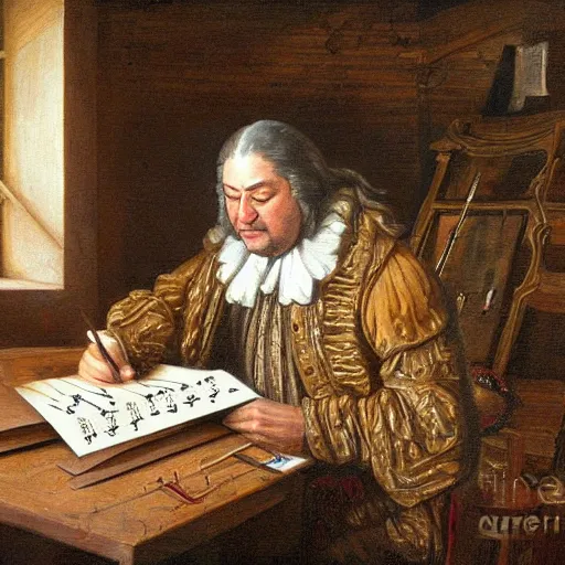 Prompt: highly detailed painting of bach writing a piece of music on a sheet of paper, he is inside of a wooden shack, 4 k resolution, by jaquis luis david, visible paint layers, renaissance.