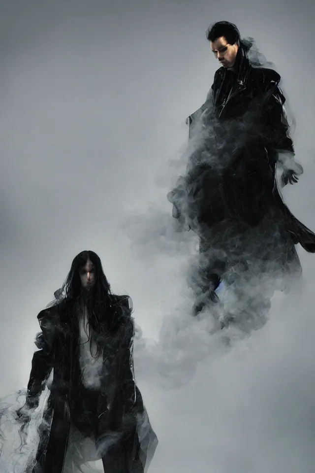 Image similar to a man with pale skin and long-black hair, latex suit and raincoat, floating in smoke, in the style of ruan jia