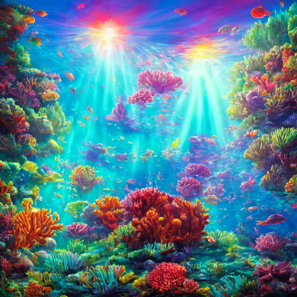 Image similar to underwater neon coral reef landscape magical realism painting with sun rays coming from above, neon pastel colors
