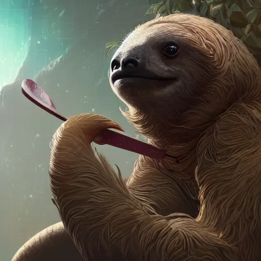 Image similar to detailed science - fiction character portrait of a sloth eating sushi, intricate, wild, highly detailed, digital painting, artstation, concept art, smooth, sharp focus, illustration, art by artgerm and greg rutkowski and alphonse mucha