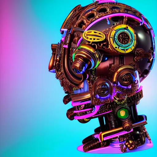 Image similar to a glossy claymodel of a steampunk aztec futurism robot head with glowing headphones, 8 k, symetrical, flourescent colors, halluzinogenic, multicolored, very detailed, black background, 3 d render,