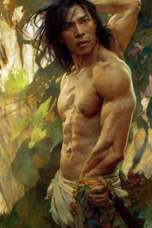 Prompt: attractive muscular man, short hair, wuxia, colorful, painting by gaston bussiere, craig mullins, greg rutkowski, alphonse mucha