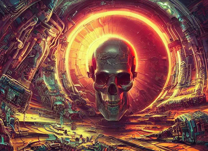 Image similar to a futuristic skull with glowing eyes and a wormhole tunnel cyberpunk art by android jones, cyberpunk art by dan mumford, featured on artstation, darksynth, synthwave