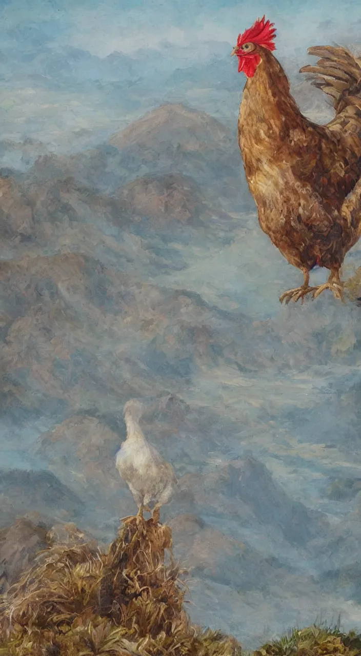 Image similar to giant chicken on a mountain top, elegant, painting