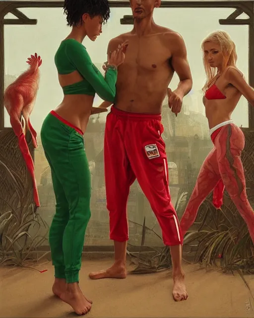 Prompt: Portrait of mixed race skinny man in a tracksuit & a blonde woman wearing a green & red bikini exchanging roosters in London,real life skin, intricate, elegant, highly detailed, artstation, concept art, smooth, sharp focus, art by artgerm and greg rutkowski and alphonse mucha