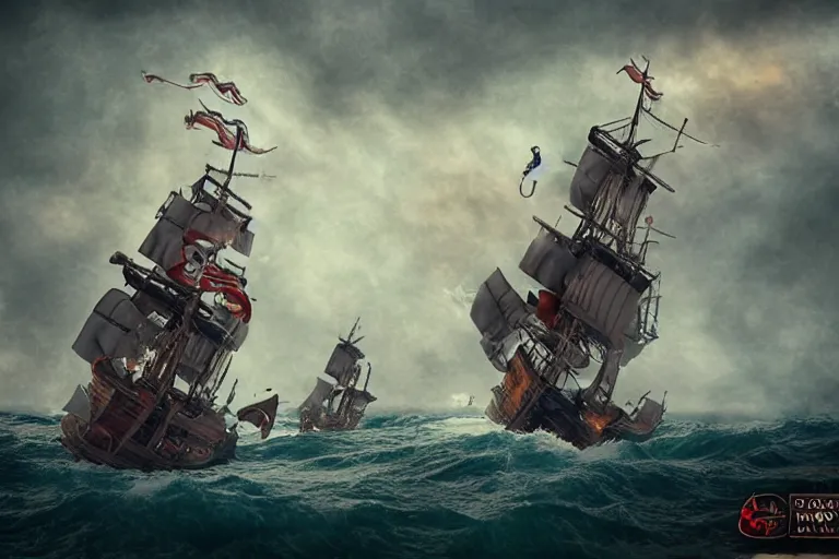 Image similar to epic pirate ship cannon battle in a storm, in the style of vernon grant and chris van allsburg, trending on artstation, bright tilt - shift camcorder effect, photoshop, retrowave, hyperrealism, octane, sharp focus, masterpiece