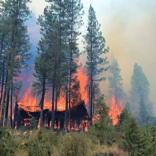 Image similar to a beautiful photo of a small hotel engulfed in a forest fire