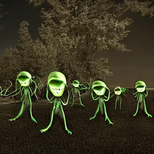 Image similar to alien creatures in my driveway, photo, night vision, detailed, 4k