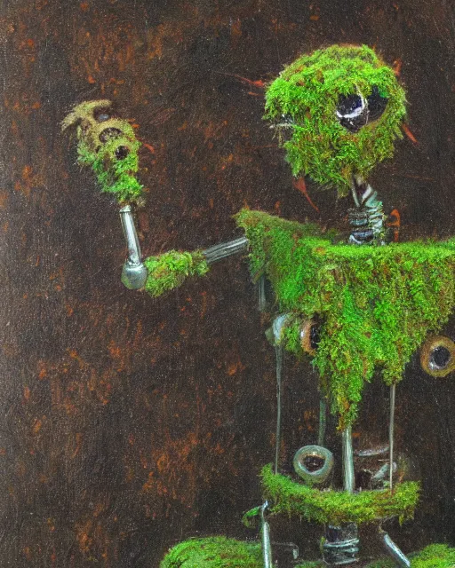 Image similar to detailed oil painting of a decayed, rusty, humanoid robot, covered in moss