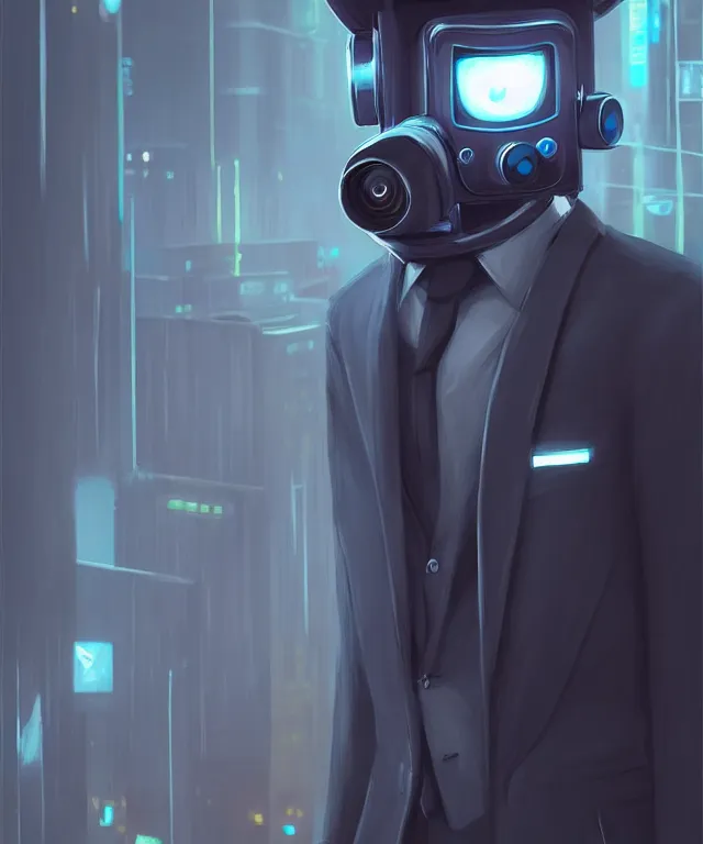 Prompt: a portrait of an anthropomorphic surveillance camera wearing a suit, cyberpunk!, fantasy, elegant, digital painting, artstation, concept art, matte, sharp focus, illustration, art by nick sullo