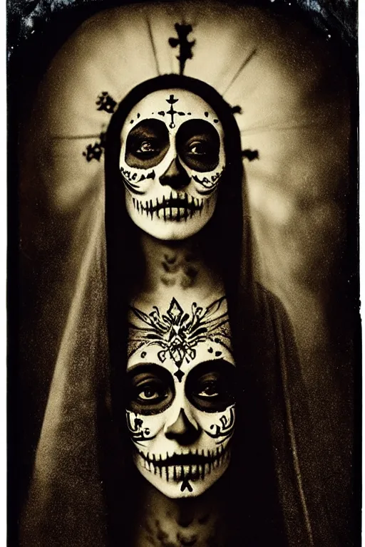 Image similar to photogravure, tintype virgin mary in dia de muertos dress and make up, horrific beautiful vibe, evocative, atmospheric lighting, painted, intricate, highly detailed, leesha hannigan, wayne haag, reyna rochin, ignacio fernandez rios, mark ryden, iris van herpen, stunning, gorgeous, sharp focus, cinematic, masterpiece