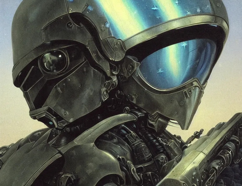 Image similar to a detailed close up portrait painting of a bounty hunter in combat armour and visor. cinematic sci-fi poster. Flight suit, accurate anatomy. portrait symmetrical and science fiction theme with lightning, aurora. lighting. clouds and stars. Futurism by beksinski carl spitzweg moebius and tuomas korpi. baroque elements. baroque element. intricate artwork by caravaggio. Oil painting. Trending on artstation. 8k