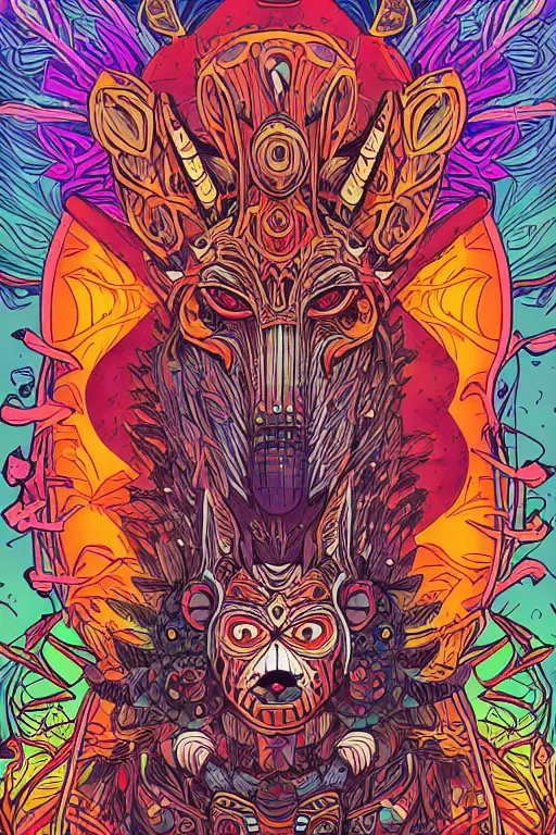 Image similar to animal mask totem roots flower tribal feather gemstone plant wood rock shaman vodoo video game vector cutout illustration vivid multicolor borderlands comics by josan gonzales and dan mumford radiating a glowing aura