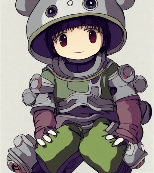 Image similar to beautiful little boy wearing an cyborg bear suit, artwork in kentaro miura and made in abyss and sakimichan, inspired in super bomberman, smooth, beautiful lightness, anatomically correct, trending on pixiv, space