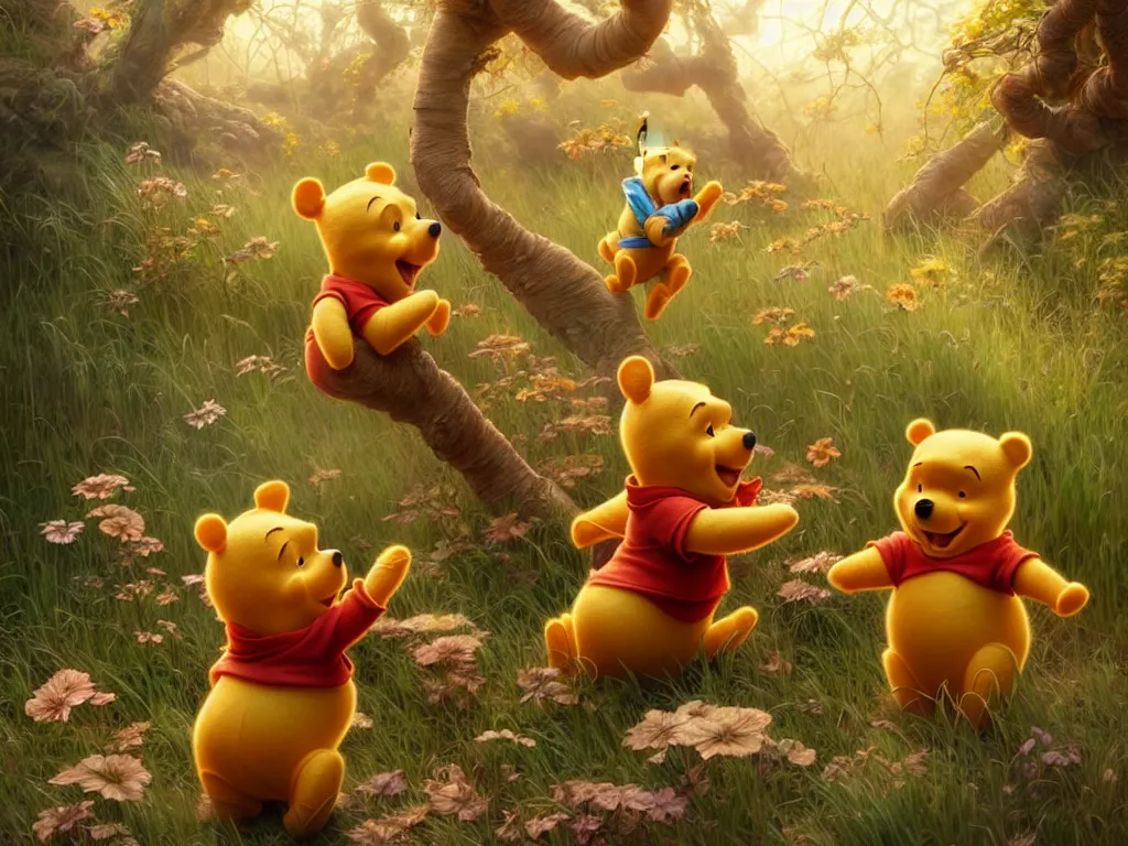 Image similar to winnie the pooh with chinese president xi jingping, cute and cuddly, highly detailed, photorealistic, octane render, 8 k, unreal engine. art by artgerm and greg rutkowski and alphonse mucha