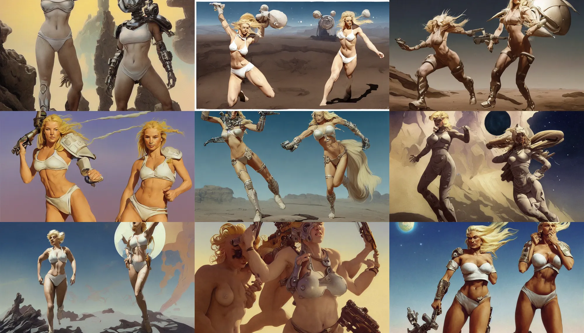 Prompt: A mixed media portrait painting of a beautiful blonde woman running on a desert alien planet, soldier, very curvy, aesthetic! white style bikini-armor and boots, aesthetic symmetrical face and eyes, Scandinavian, by Boris Vallejo, Beeple, Frank Frazetta, Greg Rutkowski, Christian MacNevin, Alphonse Mucha, epic fantasy character art, high fantasy, CGsociety, 60's Sci-fi Pinup style, exquisite detail, post-processing, masterpiece, cinematic