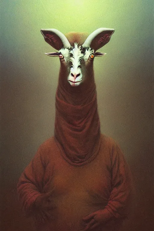 Image similar to painting of hybrid between human andy milonakis and a goat, by zdzislaw beksinski, by tiffany bozic, cold hue's, warm tone gradient background, concept art, beautiful composition, digital painting