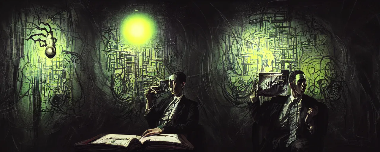 Image similar to dark scifi illustration 3 / 4 portrait of hp lovecraft reading necronomicon. cinematic lighting mad scientist style. golden ratio accidental renaissance. in the style of jean michel basquiat. graffiti art, scifi, fantasy, hyper detailed. octane render. concept art. trending on artstation