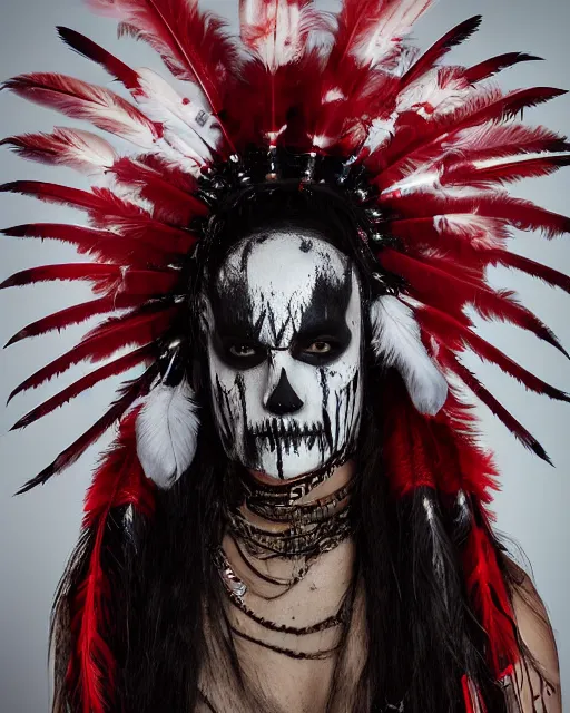 Image similar to the ghost - spirit of the grim - warpaint wears the scarlet skull armor and native blood headdress feathers, midnight fog - mist!, cinematic lighting, various refining methods, micro macro autofocus, ultra definition, award winning photo