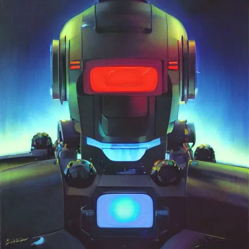 Image similar to a dark and colorful close - up side profile portrait of a sci - fi mecha robot with led lights glowing fog in the background. highly detailed science fiction painting by norman rockwell, frank frazetta, and syd mead. rich colors, high contrast, gloomy atmosphere, dark background. trending on artstation