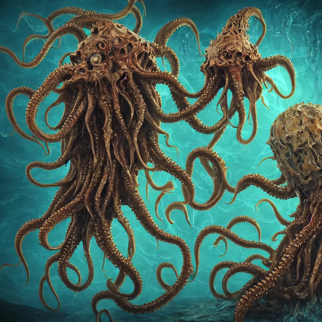 Image similar to close-up macro portrait of a Cthulhu and other fantastical sea creatures, epic angle and pose, ribcage bones symmetrical artwork, 3d with depth of field, blurred background, cybernetic jellyfish female face skull phoenix bird, translucent, nautilus, energy flows of water and fire. a highly detailed epic cinematic concept art CG render. made in Maya, Blender and Photoshop, octane render, excellent composition, cinematic dystopian brutalist atmosphere, dynamic dramatic cinematic lighting, aesthetic, very inspirational, arthouse. Greg Rutkowski, Ilya Kuvshinov, WLOP, Stanley Artgerm Lau, Ruan Jia and Fenghua Zhong