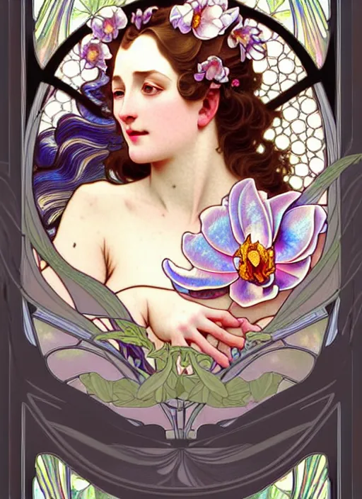 Image similar to magnolias, rococo and art nouveau fusion, iridescent diaphanous refractive and reflective flower bouquet, tarot card, highly detailed, deep focus, elegant, digital painting, smooth, sharp focus, illustration, ultra realistic, 8 k, art by artgerm and alphonse mucha