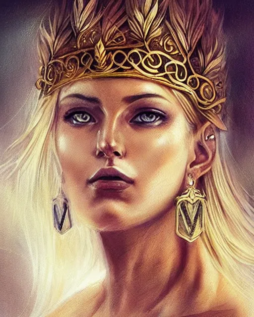 Image similar to tattoo design sketch of hot blonde super model as aphrodite greek goddess wearing a gold laurel wreath and triangle earrings, beautiful piercing gaze with sharp pupils, in the style of greg rutkowski, fantasy, amazing detail, epic, elegant, smooth, sharp focus, front view