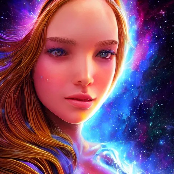 Image similar to highly detailed close up portrait of a celestial girl with a body made of cosmic energy, space background, character art, studio lightning, bright colors, intricate, masterpiece, photorealistic, hiperrealistic, sharp focus, high contrast, Artstation HQ, DeviantArt trending, 4k UHD, Unreal Engine 5