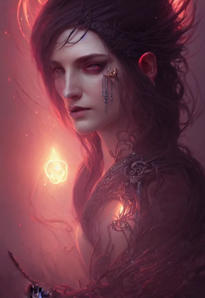 Prompt: Necromancer Sorceress filled background around face, fantasy magic, undercut hairstyle, dark light night, intricate, elegant, sharp focus, illustration, highly detailed, digital painting, concept art, matte, art by WLOP and Artgerm and Greg Rutkowski and Alphonse Mucha, masterpiece