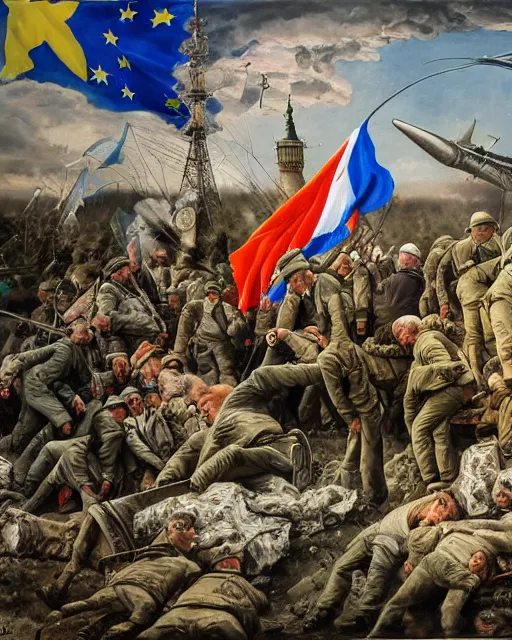 Image similar to strong political beautiful art painting conveying to europe and germany to stop worrying about the gas supplies and support ukraine in the war against the russia's aggression, high production value, intricate details, high resolution, hyperrealistic, hdr, high definition, award winning artwork, masterpiece, ultra realistic, highly detailed, hd, neo rauch