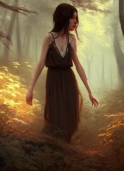 Prompt: a beautiful brown - haired young woman with a summer dress in dark forest, intricate, elegant, highly detailed, digital painting, artstation, concept art, smooth, sharp focus, illustration, ethereal, misty, by ilya kuvshinov and jeremy mann, 8 k, octane render