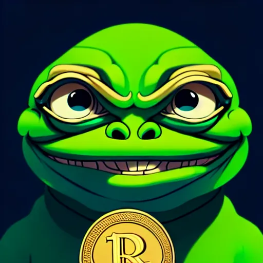 Image similar to super rich happy pepe, luxury, treasury, coins, money, hyper detalied, blue crystals, greg rutkowski, artstation