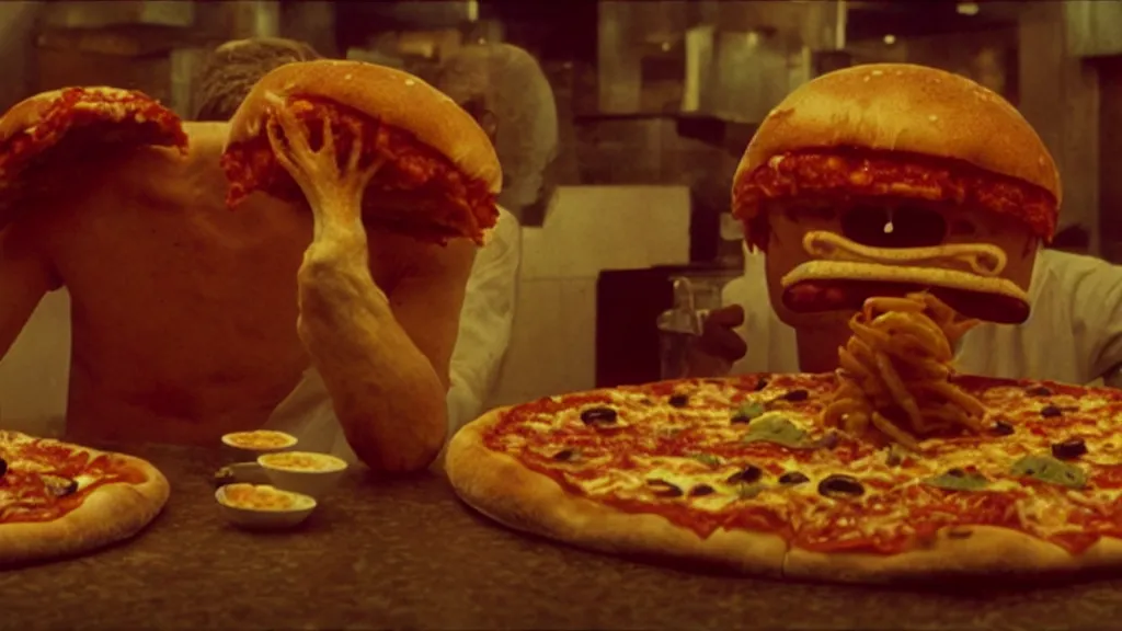 Prompt: the strange pizza creature at the fast food place, film still from the movie directed by denis villeneuve and david cronenberg with art direction by salvador dali and zdzisław beksinski, wide lens