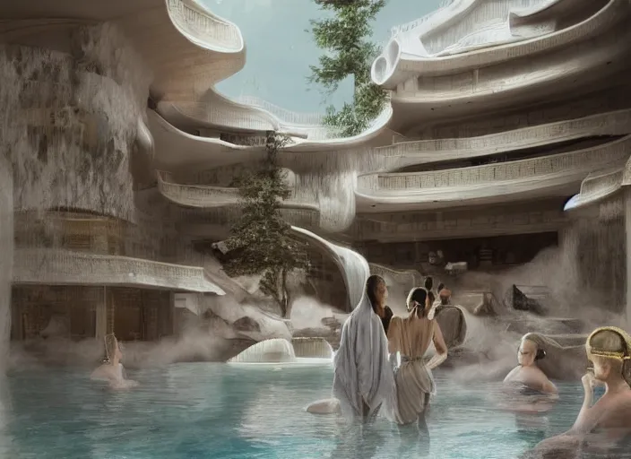 Prompt: modern chic futuristic onsen (Japanese bath house) with gold intricate luxurious details at Pamukkale, thermal waters flowing down white travertine terraces, women in elegant dresses silhouette, ethereal anf dreamy, intricate, elegant, luxurious, digital painting, concept art, smooth, sharp focus, from Star Trek 2021, illustration, by WLOP and Ruan Jia and Mandy Jurgens and William-Adolphe Bouguereau, Artgerm