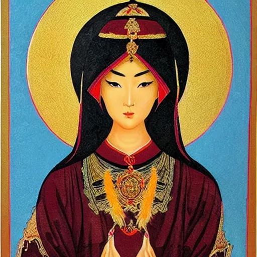 Prompt: gorgeous asian goddess drawn in russian orthodox icon style by Dragan Bibin and Frank Frazetta