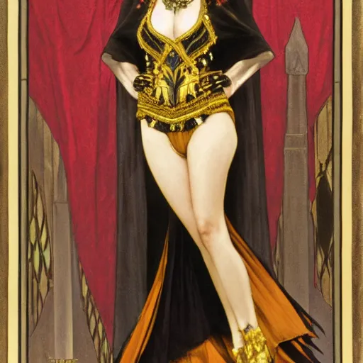 Image similar to an extremely detailed matte painting of a vampire queen in a resplendent black dress with gold and crimson trim and a long leg slit, in the style of magic the gathering, 8 k, sharp focus, detailed face, art by john collier and albert aublet and krenz cushart and artem demura and alphonse mucha