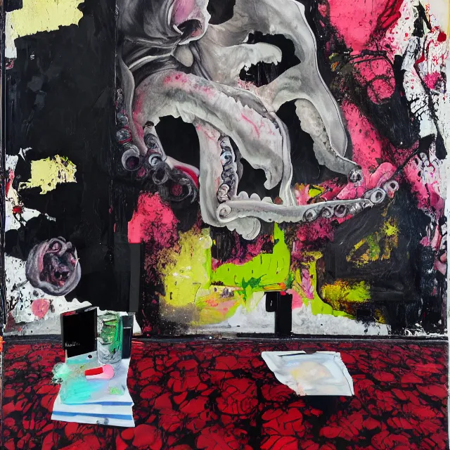 Image similar to empty room with black walls, a portrait of a female pathologist, an octopus, wilted flowers, squashed berries, neo - expressionism, surrealism, acrylic and spray paint and oilstick on canvas