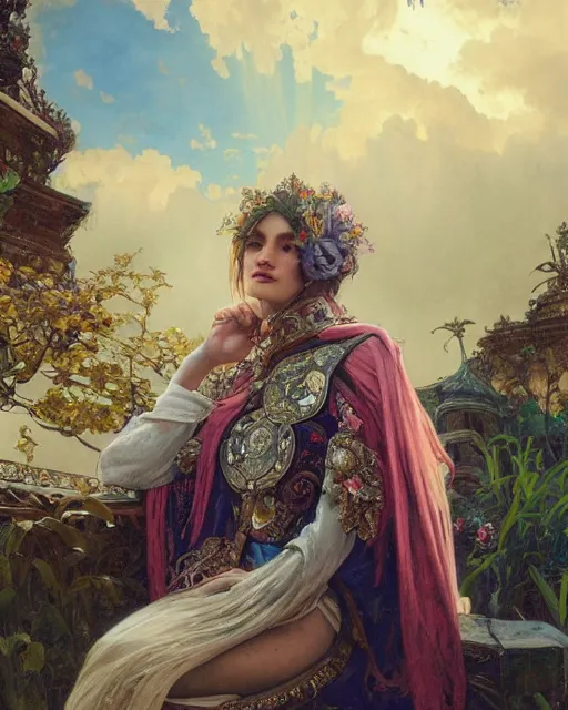 Prompt: beautiful intricate exquisite imaginative exciting northern classical close up portrait of a sterampunk assassin sitting with elegant deadly looks, flowing robe, ornate, intricate and soft by ruan jia, tom bagshaw, alphonse mucha, krenz cushart, beautiful roman architectural ruins in the background, epic sky, vray render, artstation, deviantart, pinterest, 5 0 0 px models