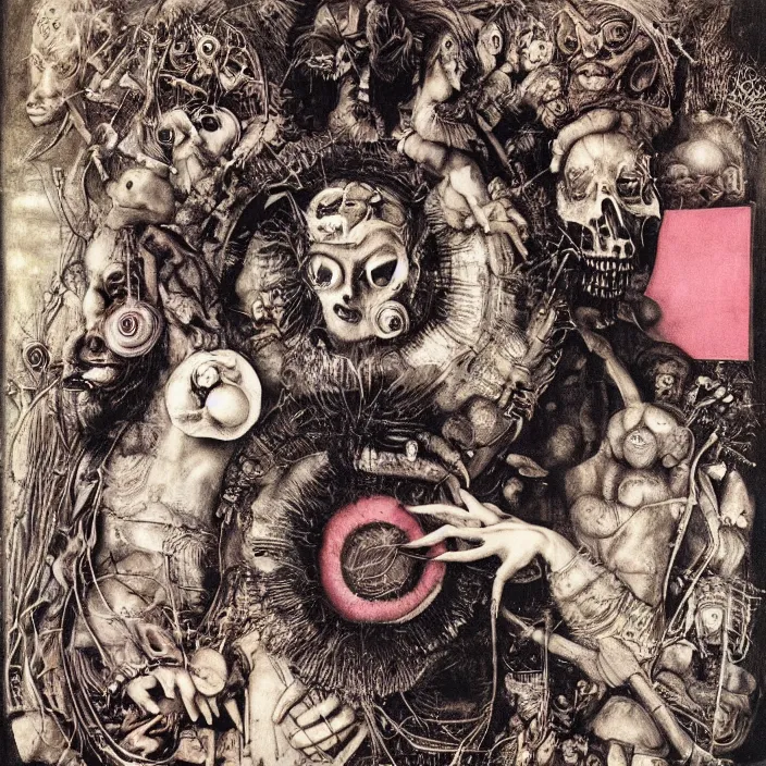 Image similar to post - punk new age album cover, asymmetrical design, magic, apocalypse, psychedelic, highly detailed, black white pink, magic, giger h. r., giuseppe arcimboldo