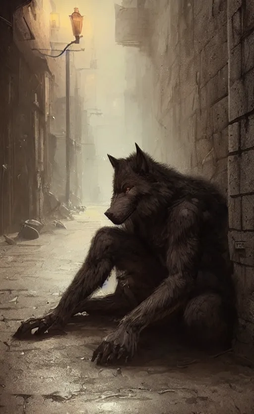 Prompt: hyperrealistic, Portrait of a werewolf crouched in a dark alley, fantasy, highly detailed, cinematic lighting, digital art painting by greg rutkowski