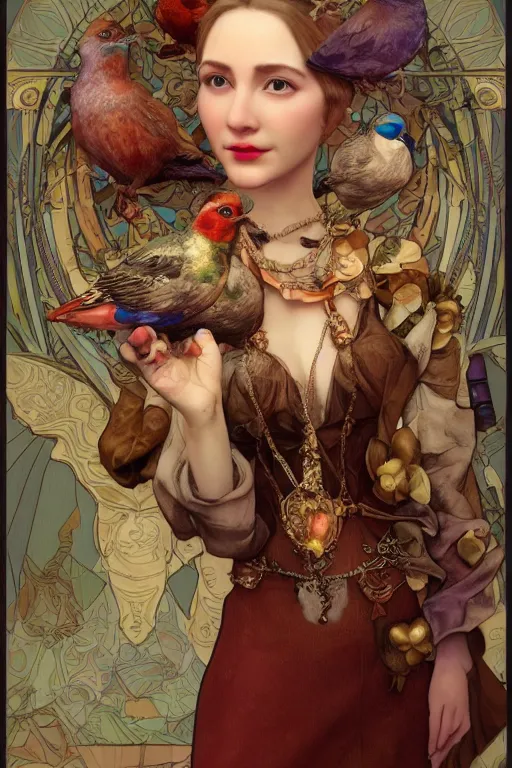 Prompt: face closeup, 3 d render of english princess holding birds, ornaments, mucha vibe, dieselpunk, solarpunk, artstation