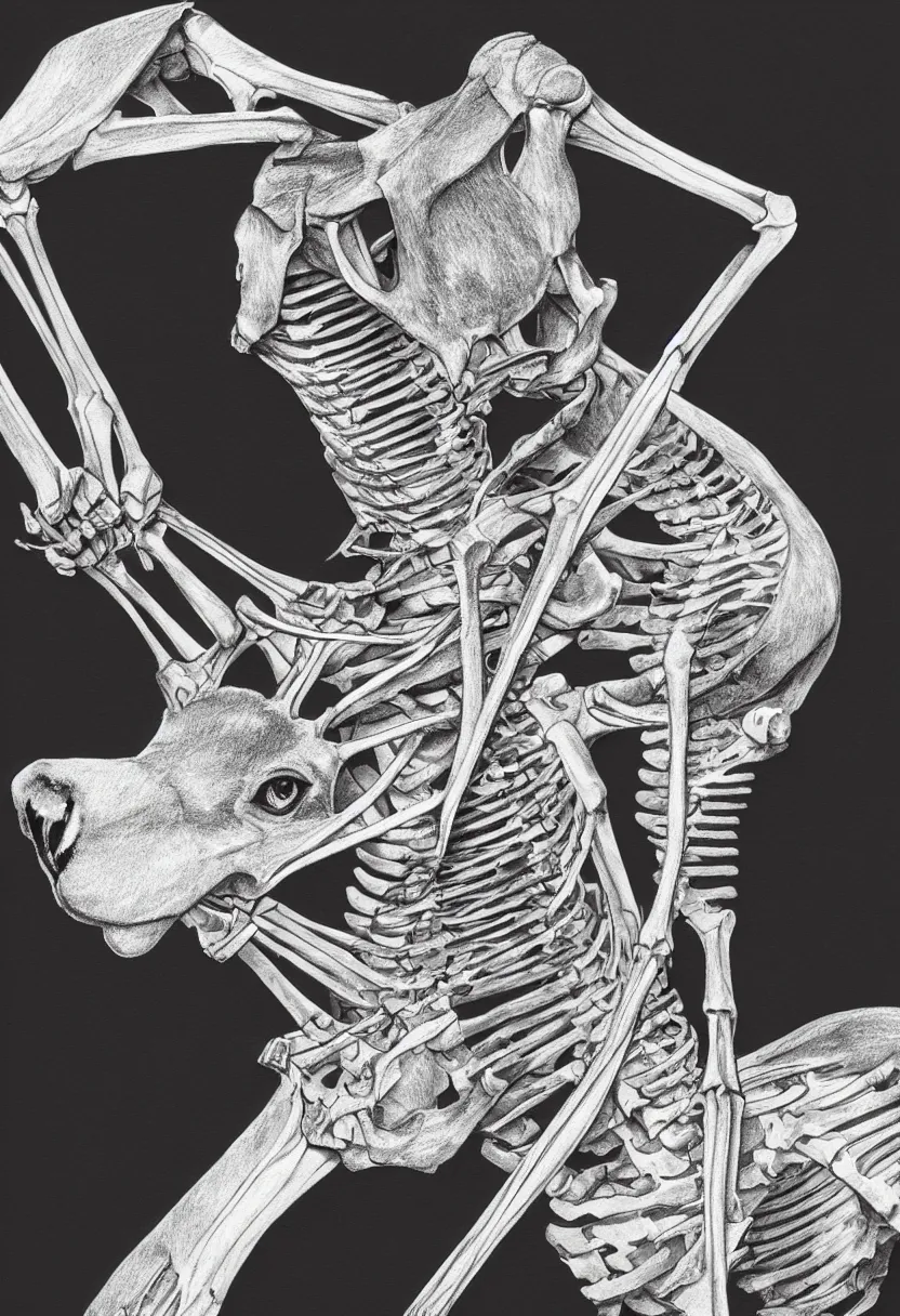 Prompt: pencil illustration of a kangaroo skeleton, highly detailed, on black, silk screen t-shirt design 4K