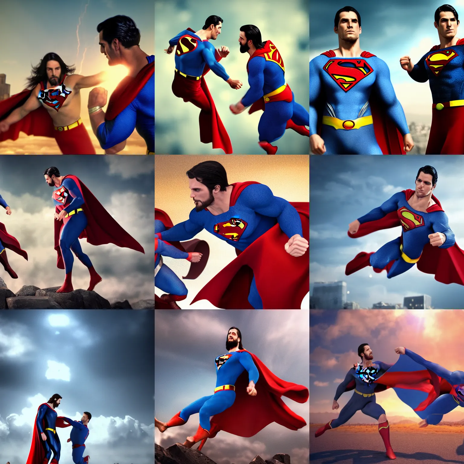 Prompt: Jesus fighting Superman, photorealistic, HD, octane render