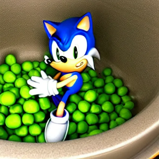 Image similar to sonic the hedgehog in a bath full of peas