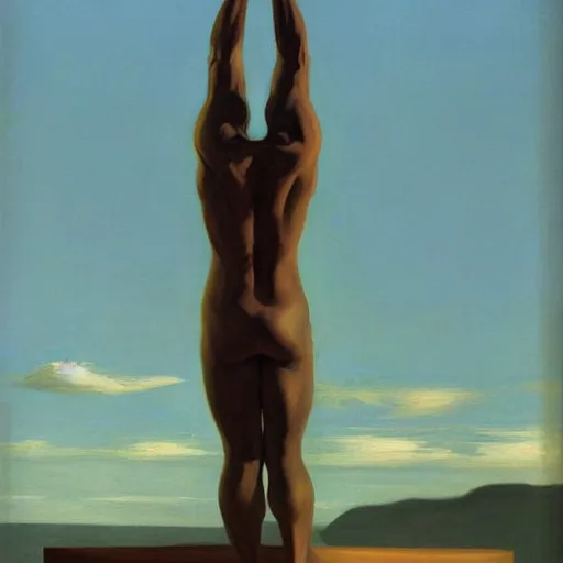 Image similar to biomechanical human raising his hands into the sky by edward hopper