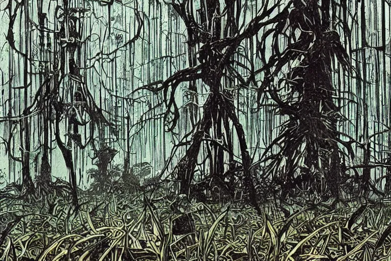 Image similar to scene from louisiana swamps, true detective, artwork by philippe druillet