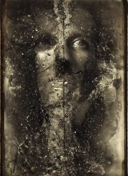 Prompt: old wet plate collodion photography portrait, explosion of data fragments, fractal, intricate, elegant, highly detailed, parallax, leica, medium format, subsurface scattering, by jheronimus bosch and greg rutkowski and louis jacques mande daguerre