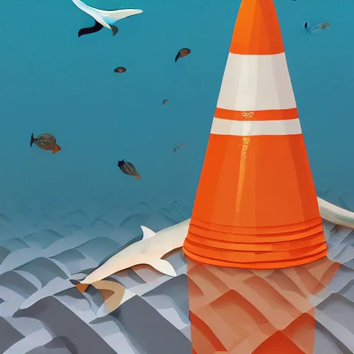Image similar to orange and white striped traffic cone with 5 rows of shark teeth breaking through the cracks, ocean background detailed atmospheric - ron cheng & alphonse mucha, highly detailed, digital painting, ray tracing, concept art, illustration, smooth sharp focus, intricate, symmetry, artstation,